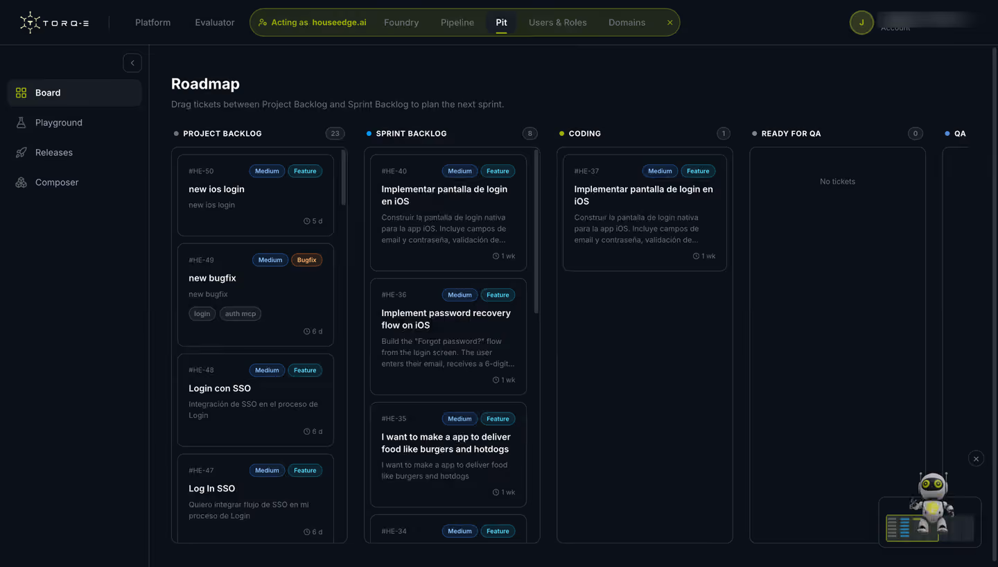 HouseEdge Pit: a roadmap board with tickets moving from backlog through sprint, coding and QA.