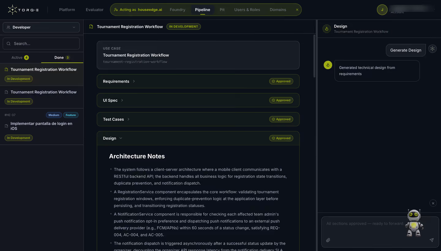 HouseEdge Pipeline: requirements, UI spec, test cases and technical design, all approved.