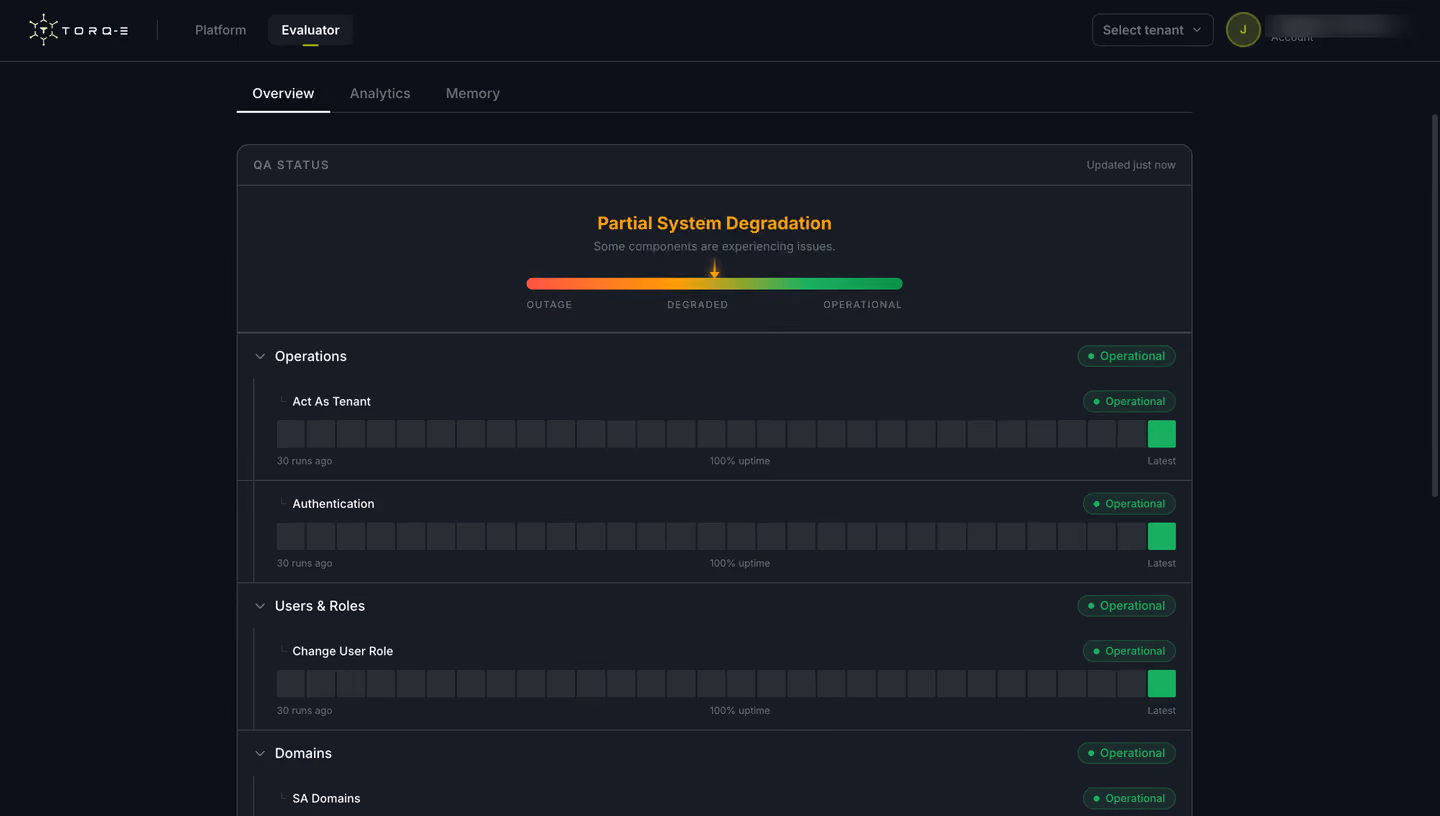 HouseEdge Evaluator: per-component QA status with run history and uptime.